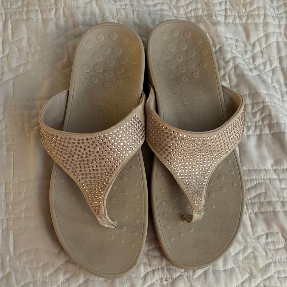 Vionic Beige Sandals with Rhinestone Accents
